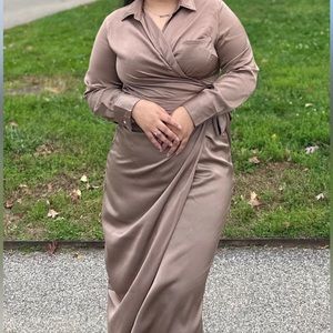 Beige Satin Wrap Dress